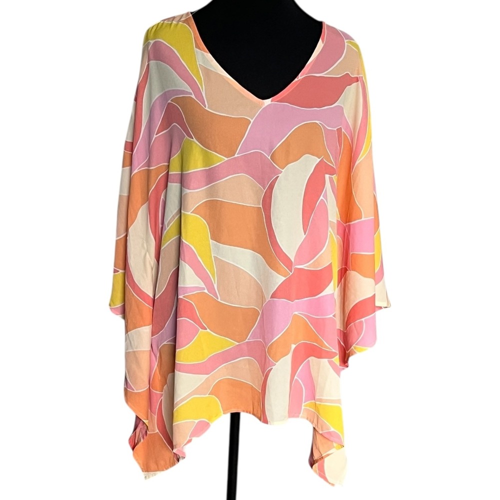 Belle by Kim Gravel Pink Coral Abstract Poncho Top V‑Neck Flowy Tunic Women’s‎ L